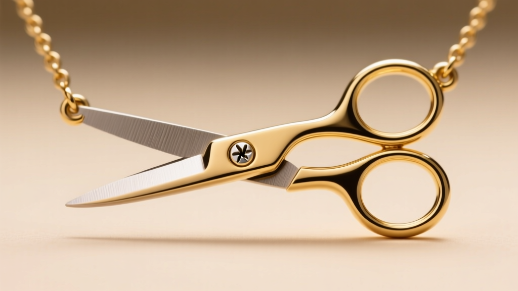 Macro shot of a gold scissor necklace hinge, showing a secure screw-rivet pivot and high-polish finish on miniature metal blades.