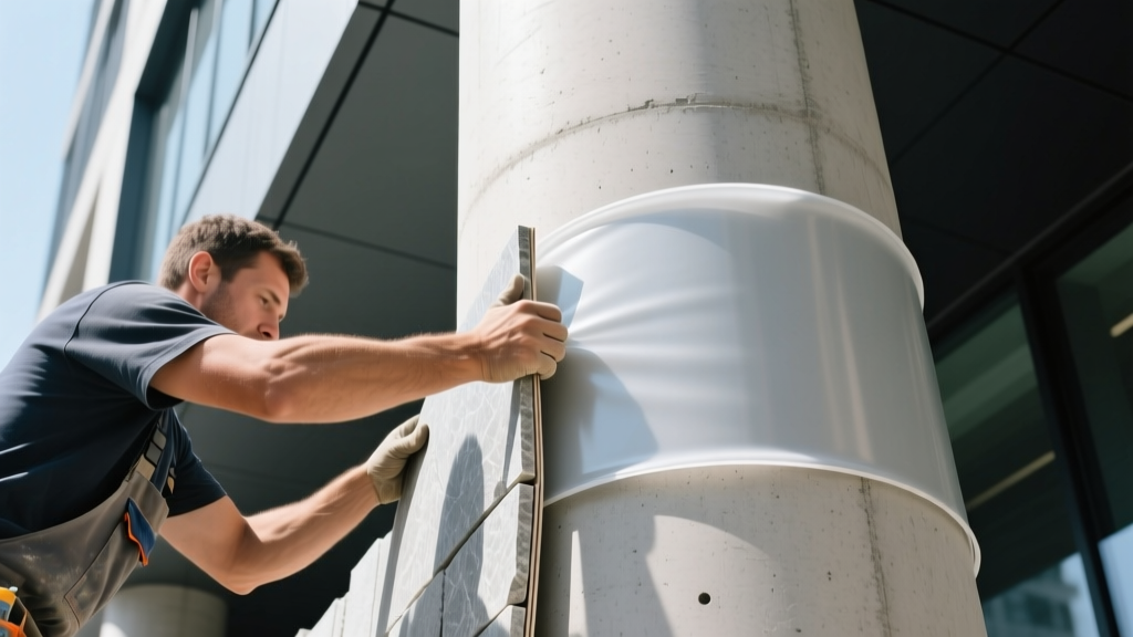 Close-up of a construction worker bending a thin, polymer-backed flexible stone veneer sheet around a curved concrete pillar on a modern commercial building facade