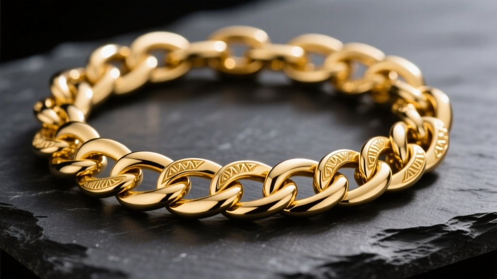 Close-up of an 18k yellow gold curb chain on dark slate, showing flattened interlocking links under bright studio lighting.
