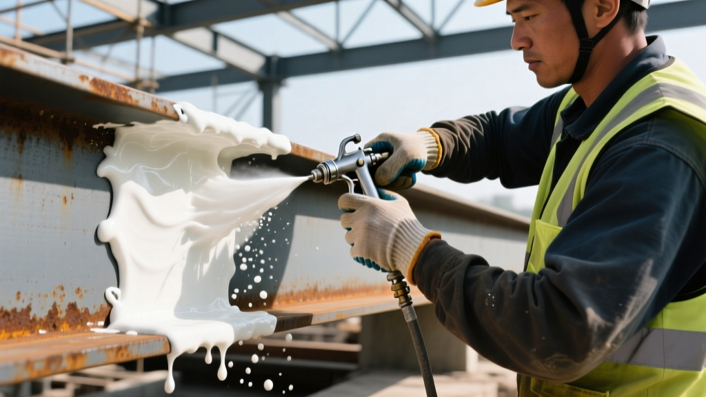 Close-up of a worker applying thick white intumescent fire retardant coating to a structural steel I-beam in a commercial construction site