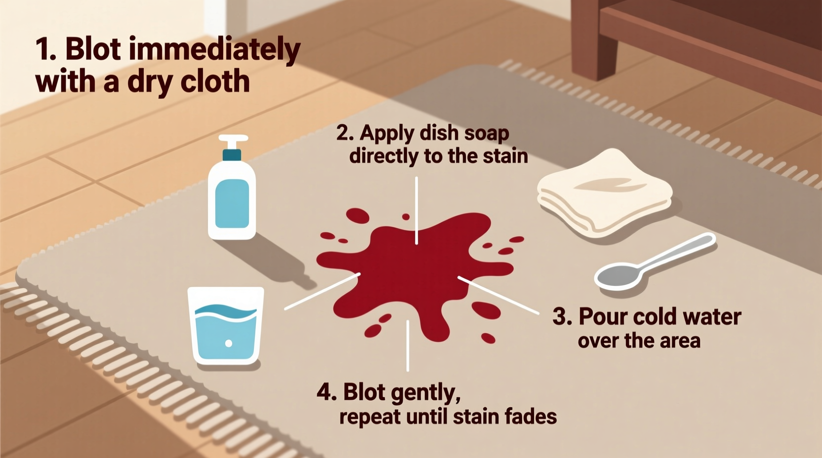 how to remove red wine stains from carpet using dish soap and cold water only