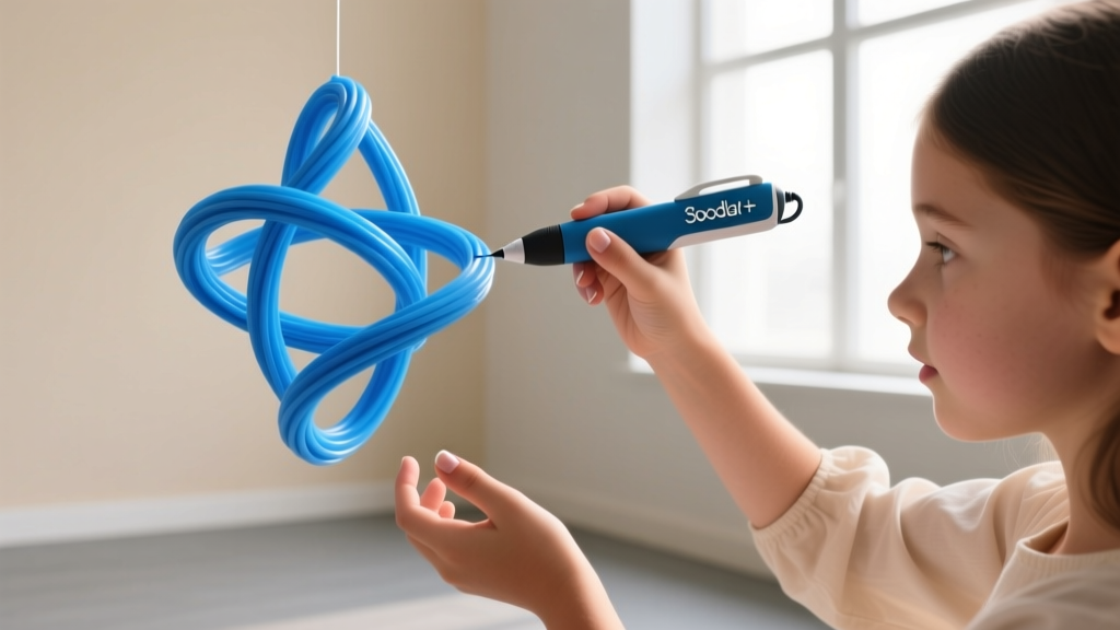 Hands of a young girl safely drawing a freestanding blue plastic structure in mid-air using a 3Doodler Start+ pen