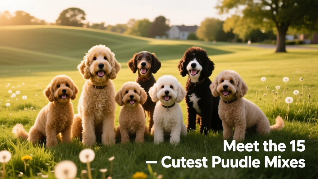A diverse group of happy, well-groomed Doodle dogs—Goldendoodle, Cavapoo, and Maltipoo—posing together on a grassy park lawn