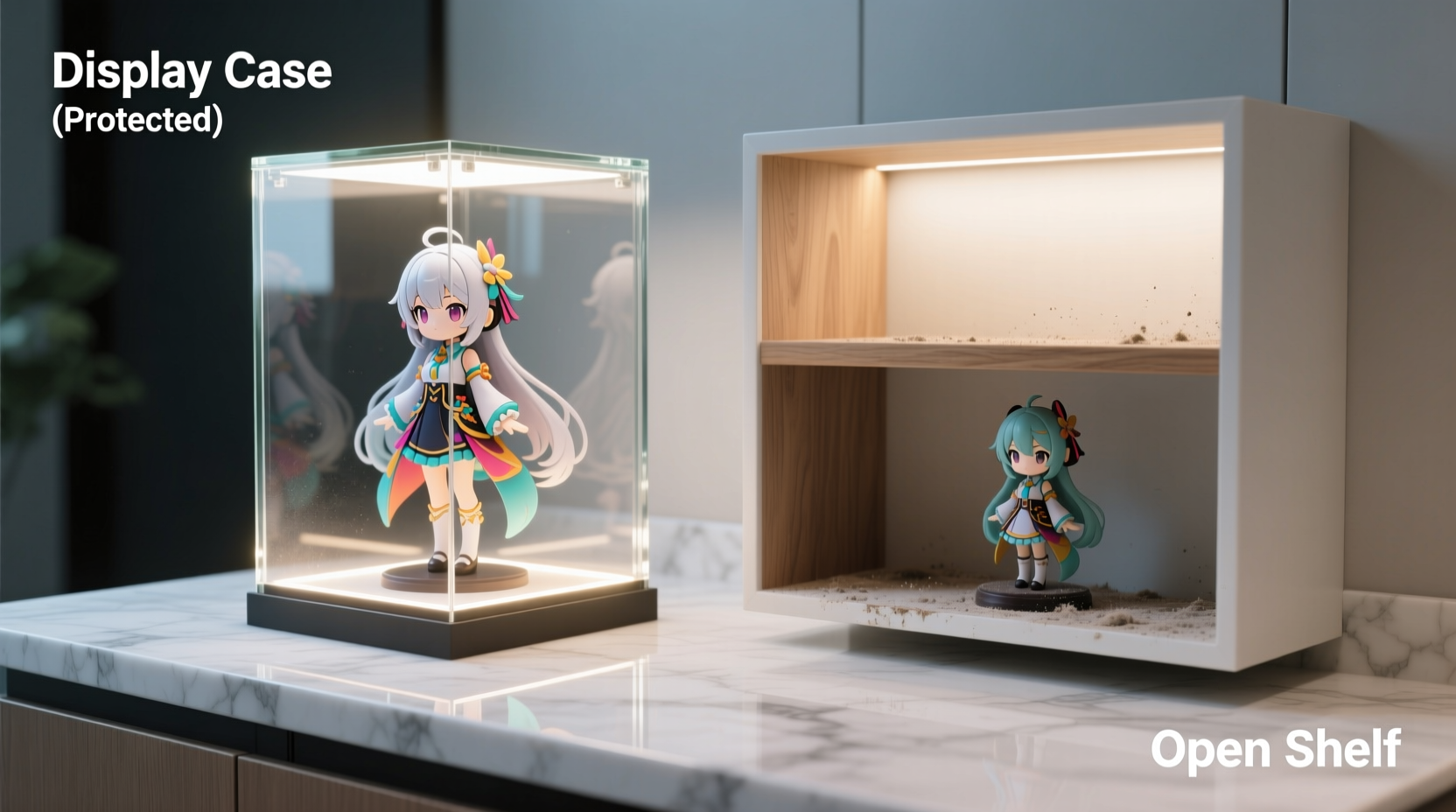 anime figure display case vs open shelf which protects collectibles more