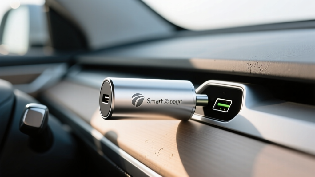 Close-up of a sleek aluminum smart car scent diffuser plugged into a modern EV USB-C port with a corporate logo engraved on the side
