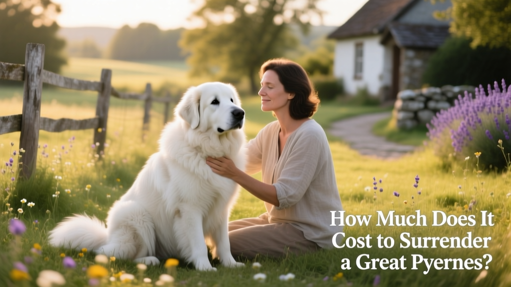 A calm, gentle Great Pyrenees sitting beside a person in a quiet outdoor setting