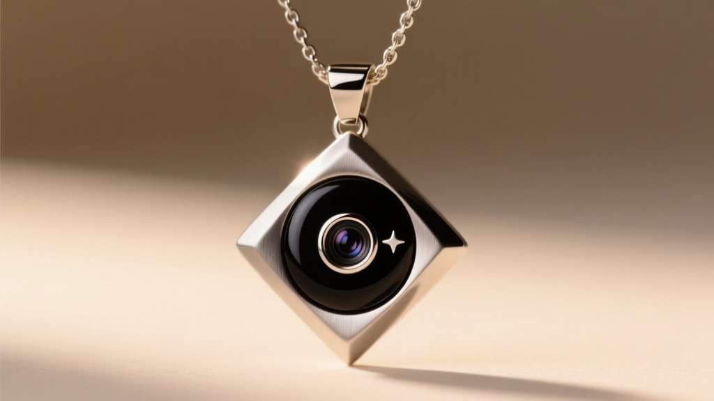 Close-up of a matte steel pendant necklace with a hidden micro-camera lens subtly integrated into a dark geometric center setting.