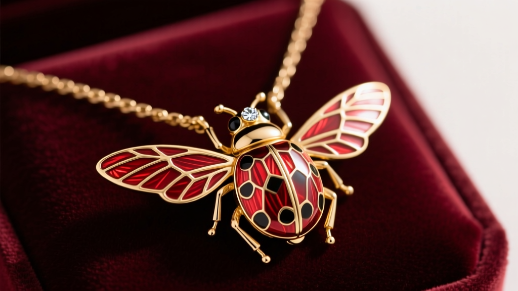 Vintage 14k gold ladybug watch necklace on velvet, showing red guilloché enamel wings and a small diamond accent on the head.