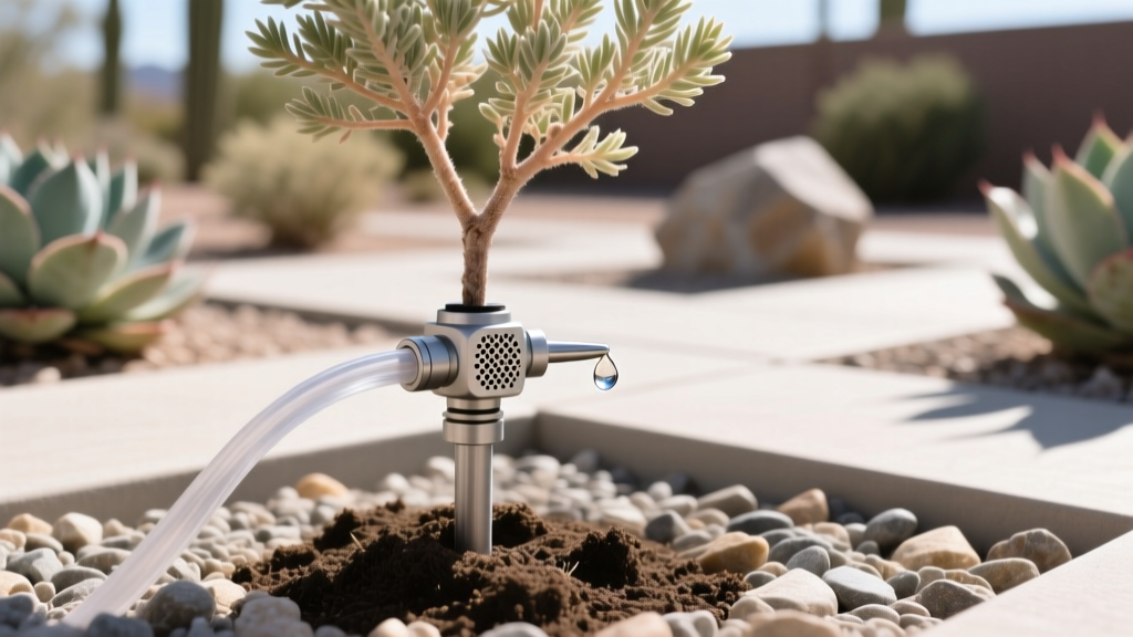 Close-up of a drip irrigation emitter installed at the base of a newly planted Apache Plume shrub in a xeriscape garden bed.
