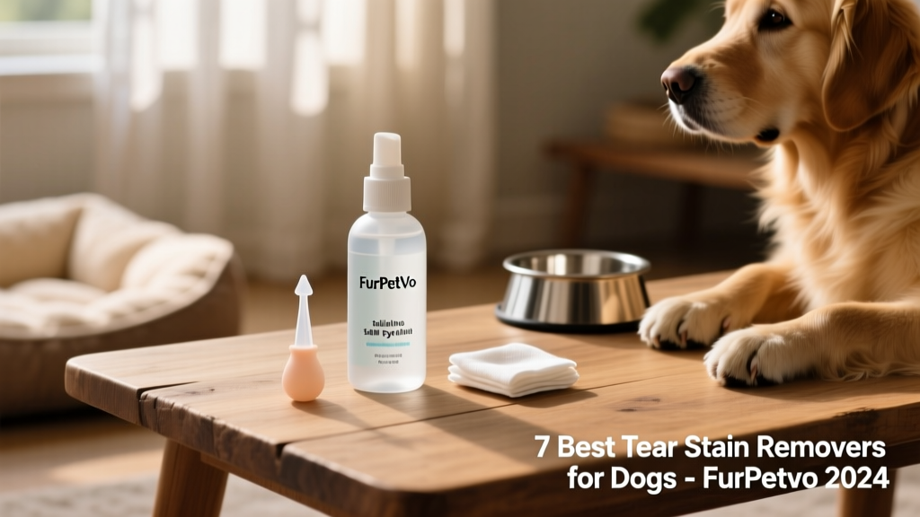 Bottle of FurPetVo saline eye wash next to a soft applicator tip and cotton pad