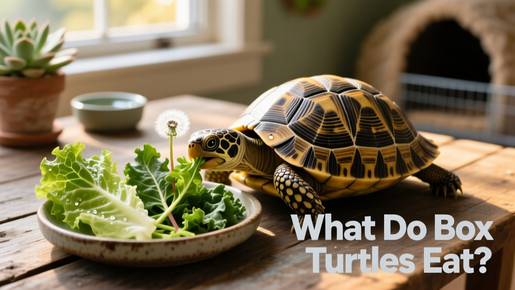 A healthy adult box turtle eating leafy greens from a shallow dish