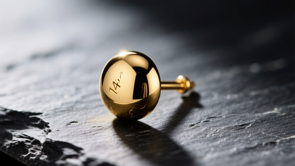 Macro shot of a 14mm 14k yellow gold dome stud earring on dark slate, highlighting polished metal and a thick 18-gauge post.