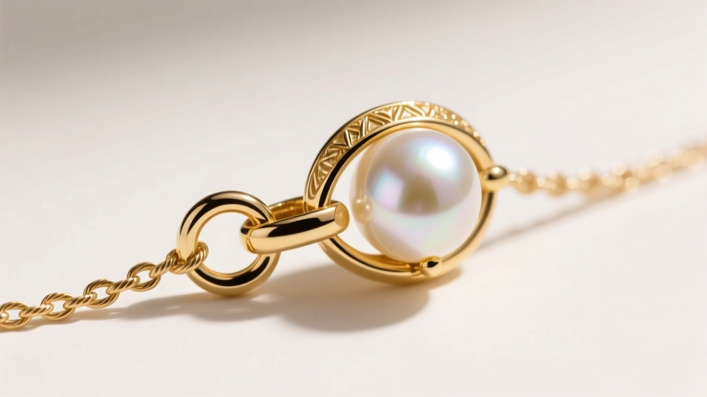 Macro photography of a secure 14k gold lobster clasp and safety figure-eight catch on a delicate cable chain holding a pearl