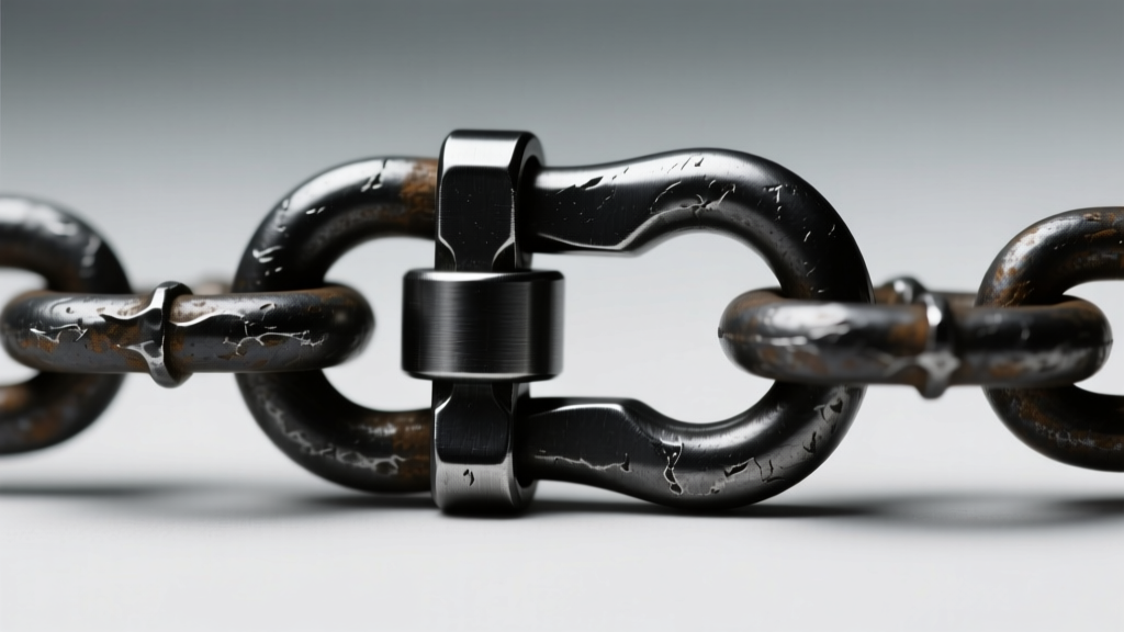 Macro photography of a heavy-duty 15mm matte black stainless steel lobster clasp securing a thick, dark oxidized rolo chain link