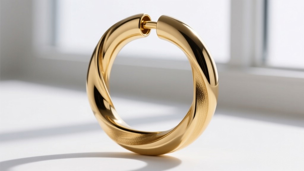Studio image of a 16-gauge solid gold continuous seamless nose hoop being twisted open, highlighting the metal tension and seam.