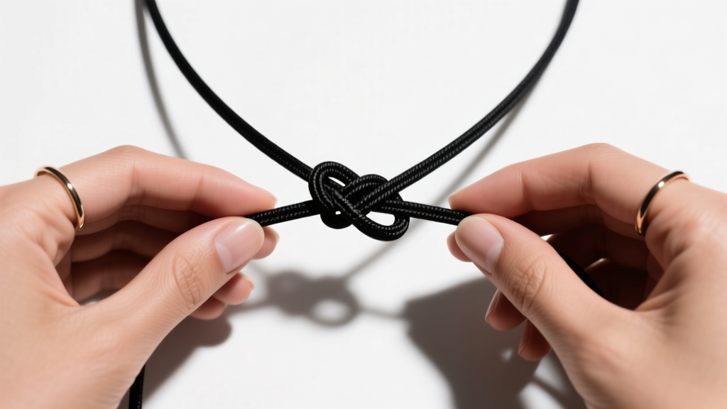 Overhead view of hands tying a sliding square knot on a black nylon necklace cord, highlighting the cross-over loop technique