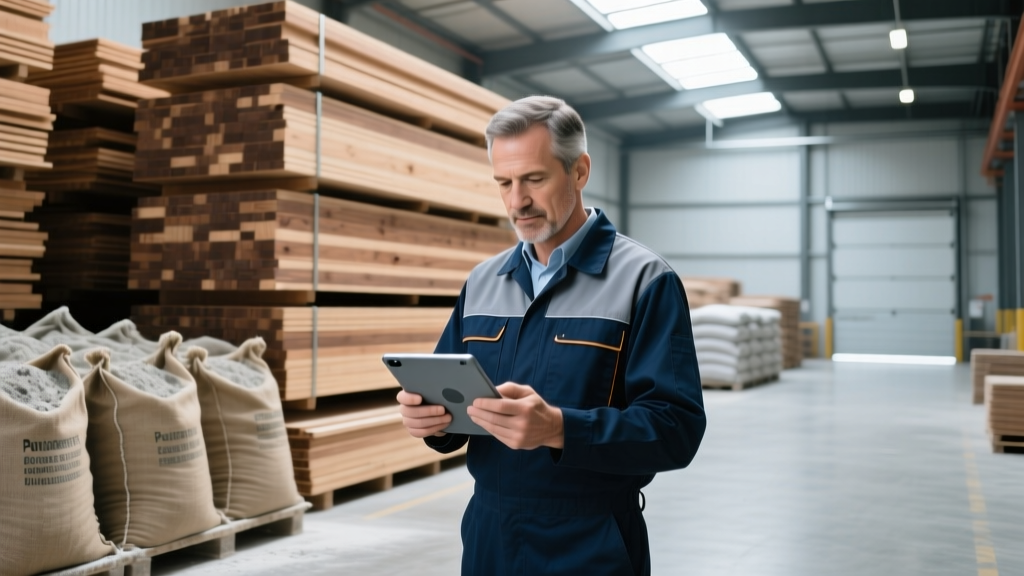 Warehouse manager reviewing digital pricing tablets next to stacked pallets of dimensional lumber and bags of Portland cement