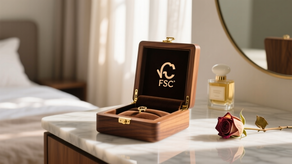Elegant FSC-certified walnut personalized jewelry box with laser-engraved monogram open on a marble vanity, soft morning light