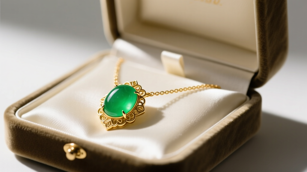 Open velvet box revealing an 18k gold necklace with a translucent, vibrant green Type A jadeite cabochon on ivory silk