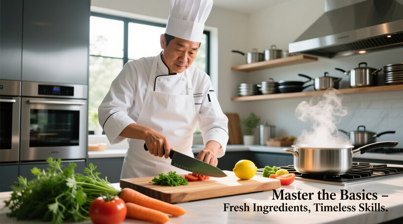 Chef demonstrating basic cooking techniques with fresh ingredients