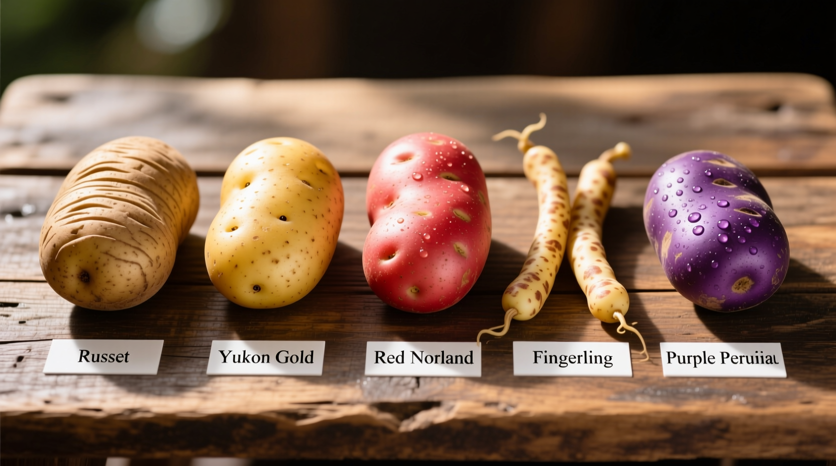 Close-up comparison of five common potato varieties on wooden table