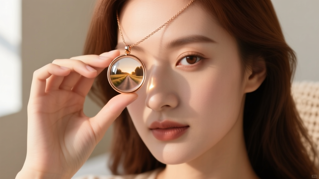 Close-up of a woman holding a rose gold projection image necklace up to her eye, with a tiny photo visible inside the glass bead