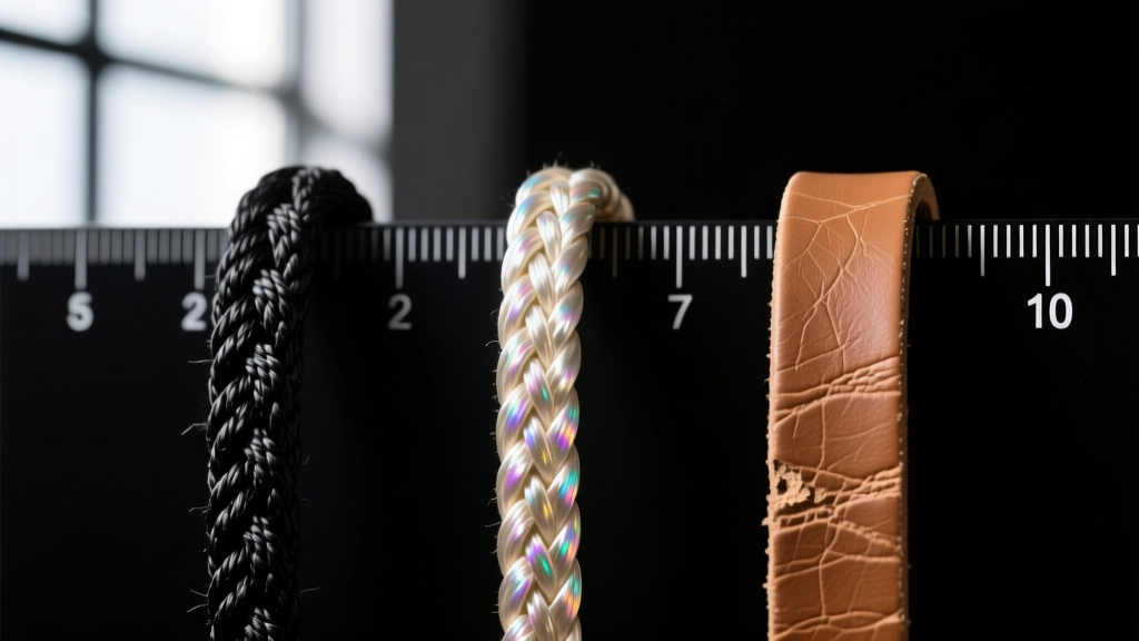 Macro photography comparing three jewelry cords: black waxed cotton, braided silk, and flat leather with millimeter scale markers