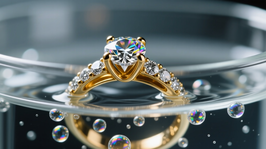 Cavitation bubbles in ultrasonic jewelry cleaner liquid surrounding the gold prongs of a dirty pavé diamond ring under macro lens.