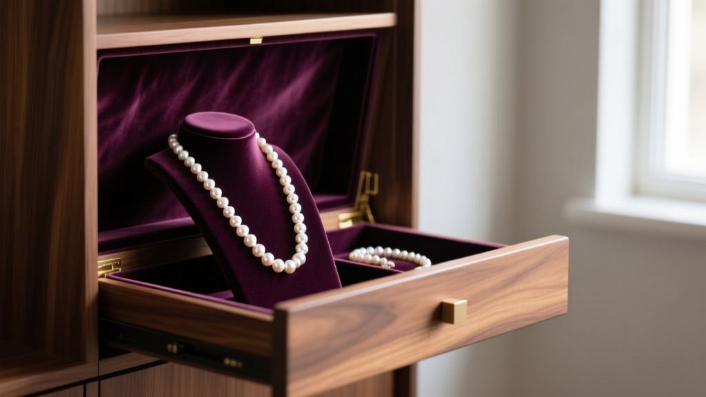 Side profile of a velvet-lined jewelry armoire with extended slide-out necklace panel, displaying long opera-length pearl strands
