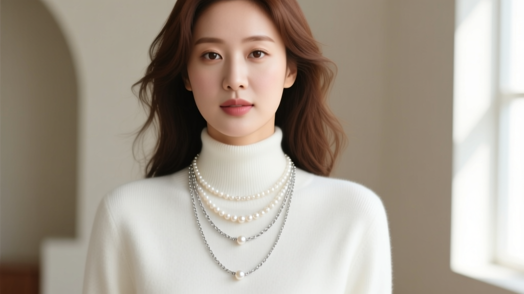 Woman in white crewneck sweater styled with a three-layer silver and pearl Korea necklace set, soft natural window lighting