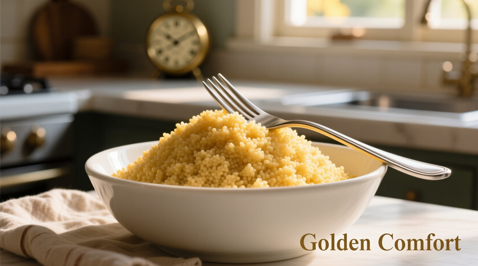 Fluffy golden couscous in white bowl with fork