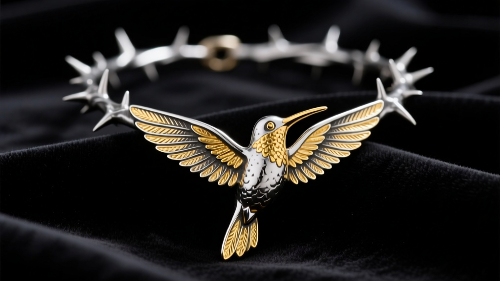 Oxidized silver thorn choker with a detailed gold hummingbird pendant on dark velvet under moody studio lighting.