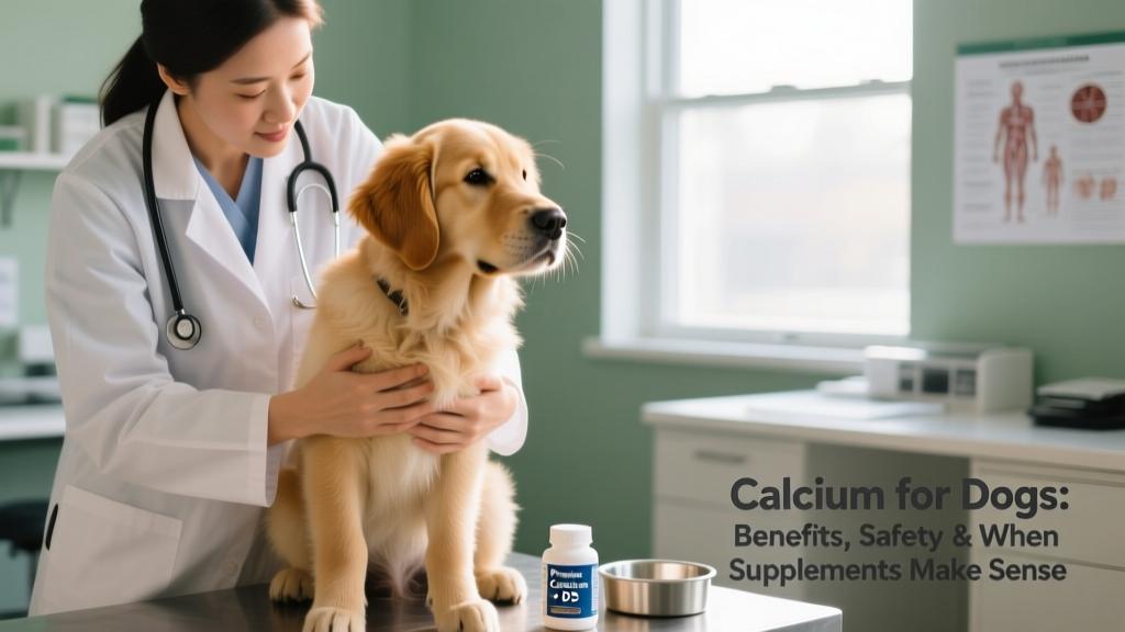 Veterinarian gently examining a large-breed puppy during a wellness check