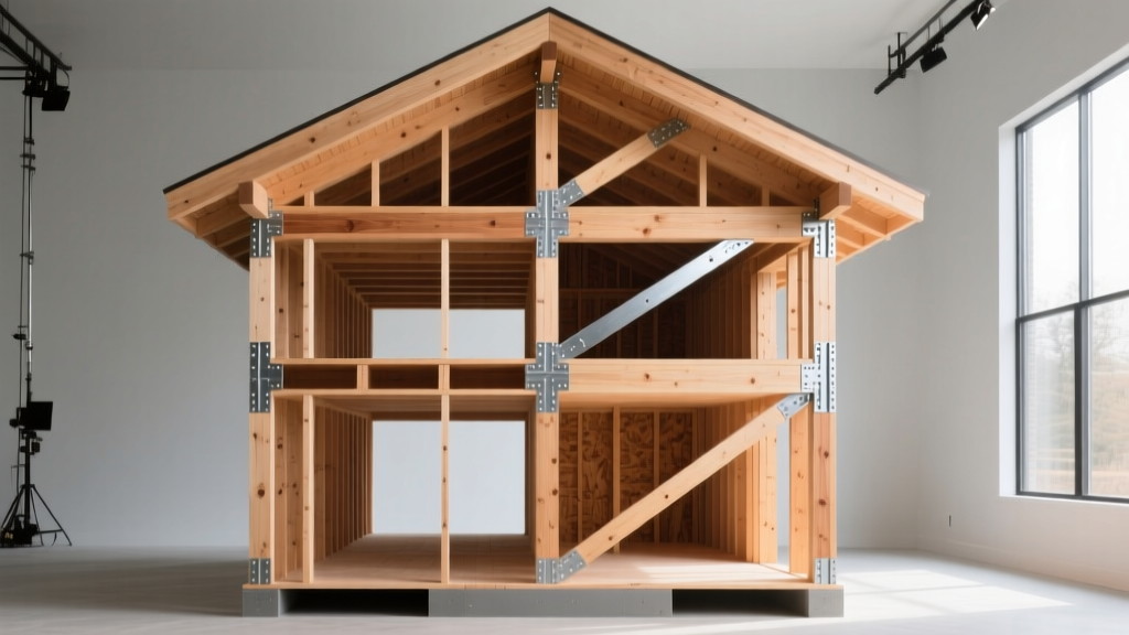 Cross-section of a multi-story building frame exposing Douglas Fir load-bearing studs, LVL header beams, and steel joist hangers