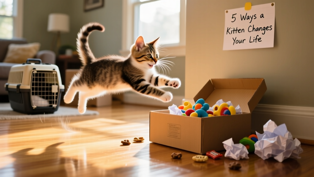 Kitten mid-zoomie, blurred motion streaking across hardwood floor toward a cardboard box