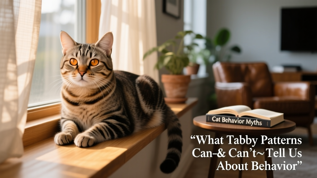 Senior tabby cat resting peacefully on a sunlit windowsill, illustrating calm confidence and quiet charm