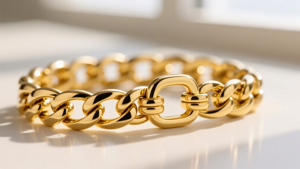 Macro shot of an 18k gold figaro chain clasp, showing precise laser-welded links and the rich, deep yellow color of the metal.