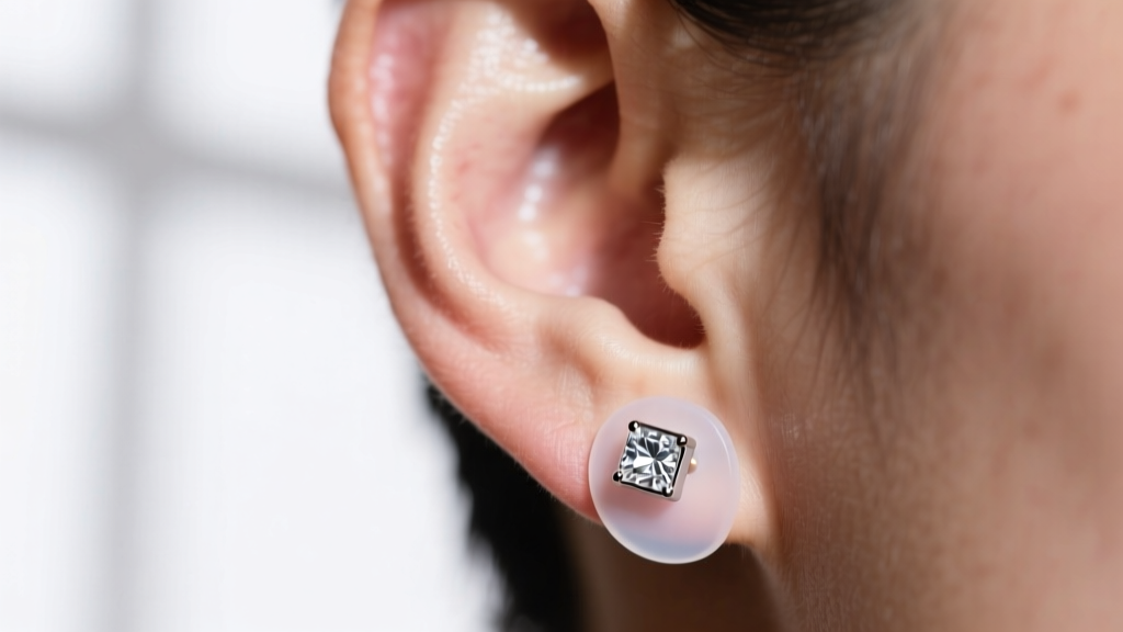 Close-up of a 12-gauge iced-out stud earring post, showing thick wire and a clear silicone earlobe support patch on a human ear
