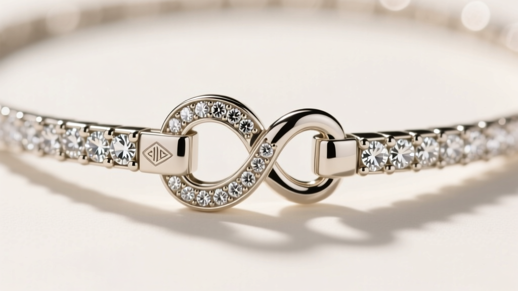 Macro photography of a diamond choker clasp, showing a secure box clasp with a figure-eight safety catch made of 18k white gold