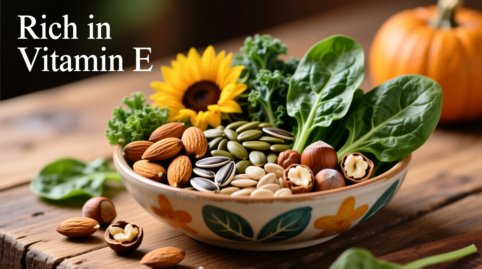 Colorful assortment of vitamin E rich foods including nuts, seeds and leafy greens