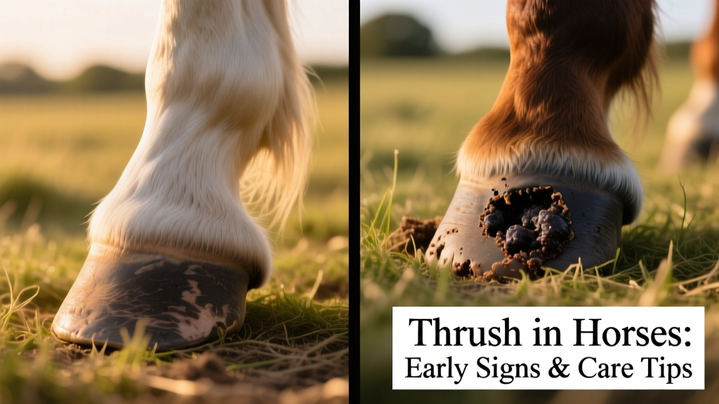 side-by-side comparison of a healthy horse hoof and one affected by thrush, showing black discharge around the frog