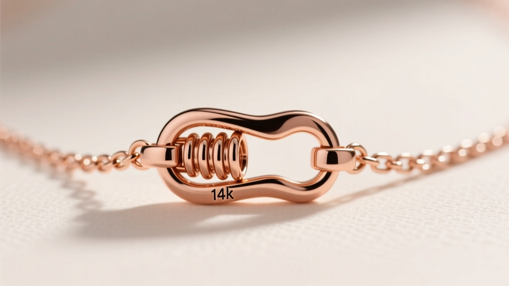 Macro view of a rose gold lobster clasp on a choker, showing the spring mechanism, extender chain, and tiny 14k hallmark stamp.