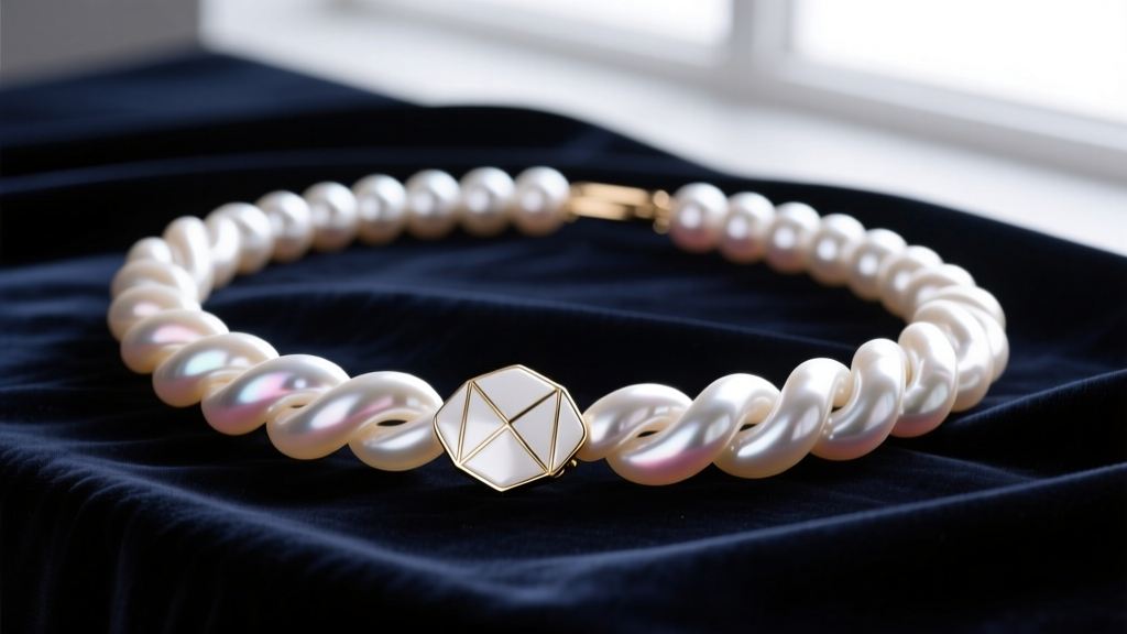 18-inch knotted silk pearl strand with a white gold clasp on dark velvet, showcasing the organic drape and soft gemstone luster.