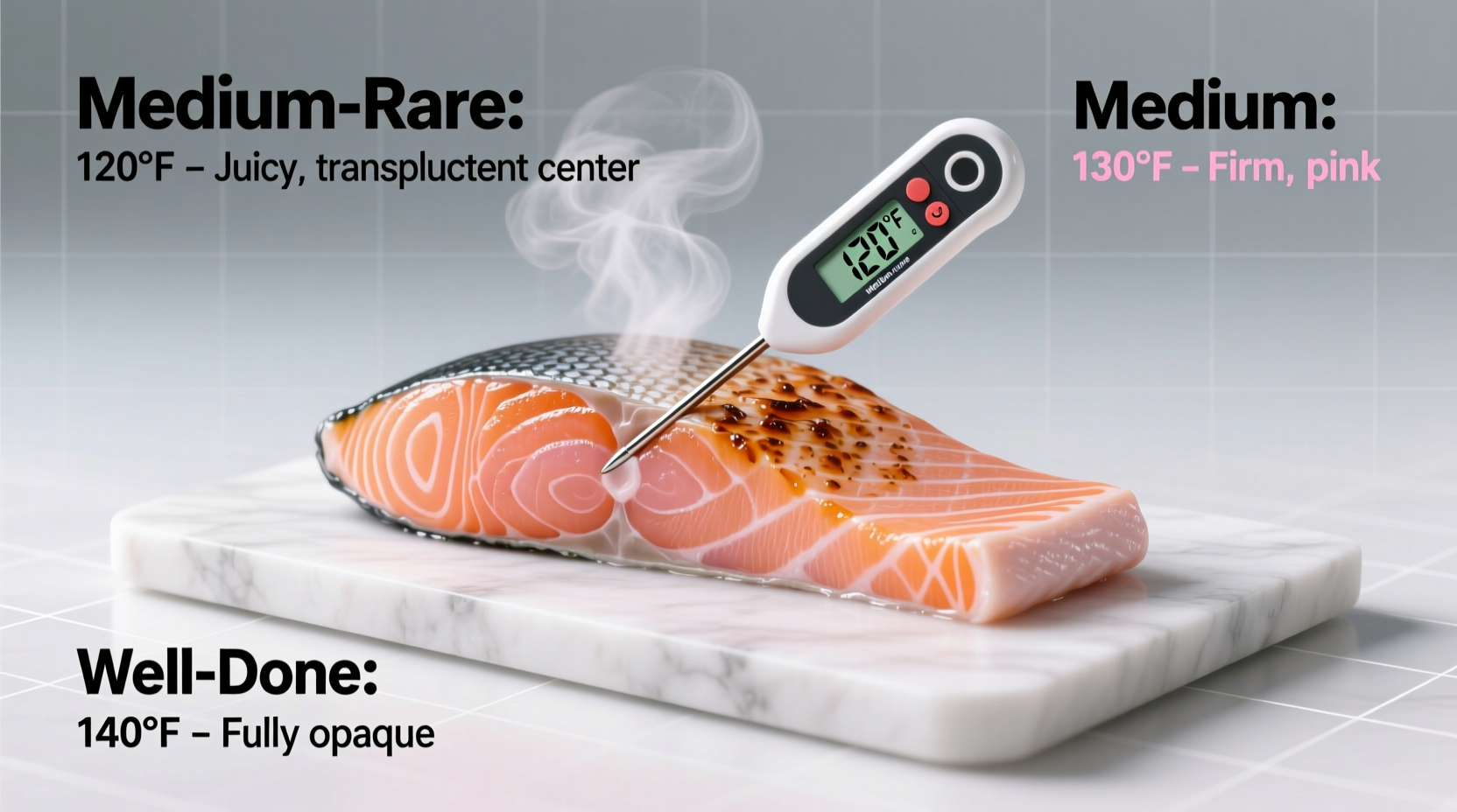 Salmon cooking temperature guide with thermometer