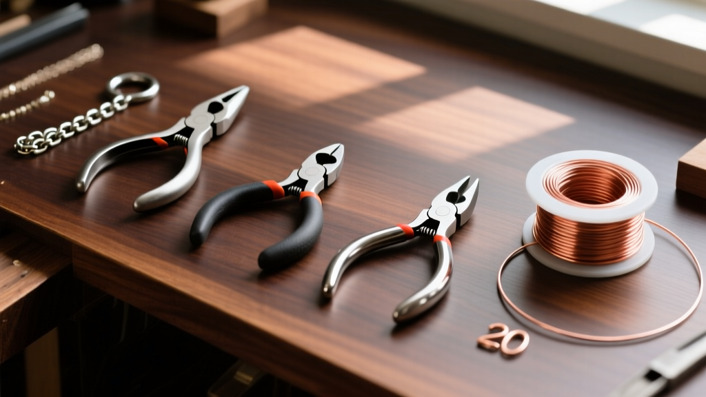 Flat-lay of chain nose pliers, round nose pliers, flush cutters, and 20-gauge copper wire on a dark wooden jewelry workbench