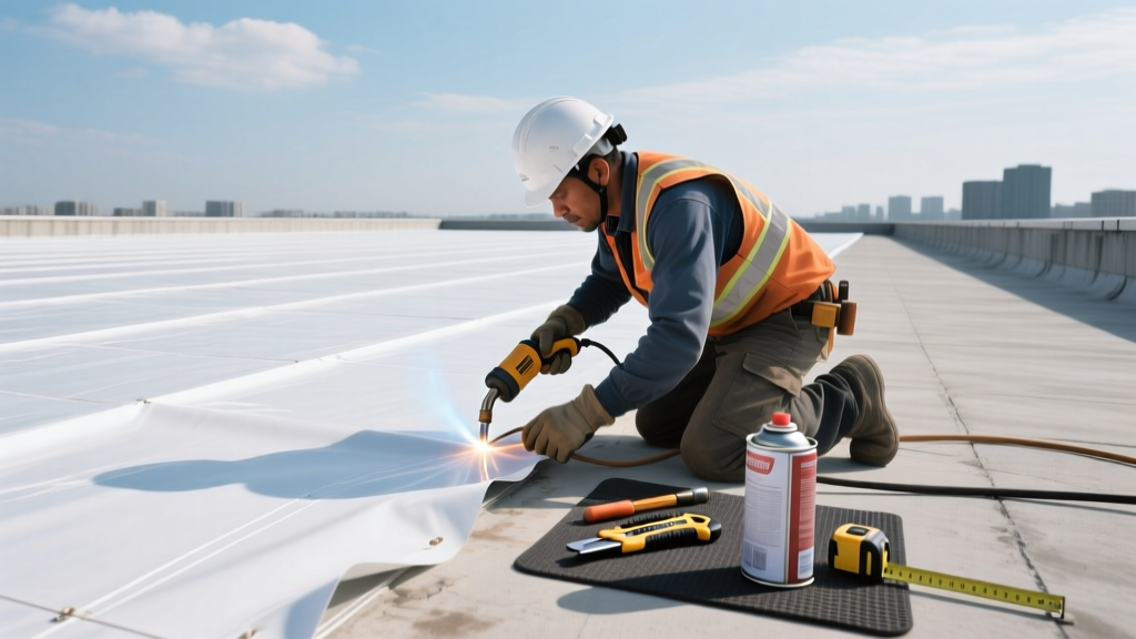 Roofer using a hot air welder to seal a white TPO membrane patch on a commercial flat roof, with tools and primer visible nearby