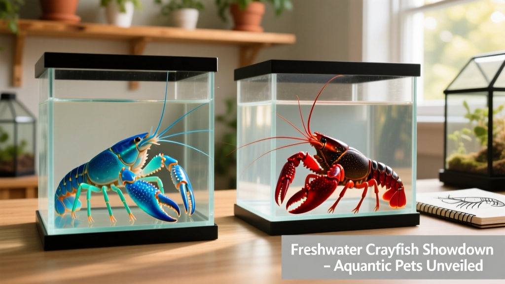 Side-by-side comparison of a bright blue yabby and a deep-red Louisiana crayfish in separate tanks