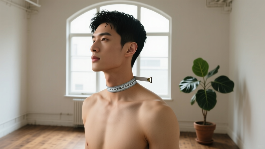Measuring tape wrapped around a male neck to demonstrate proper choker sizing, soft natural window light, lifestyle photography
