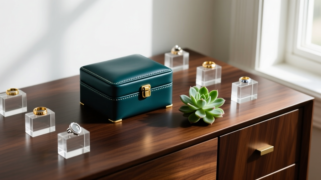 Dark teal leather jewelry box surrounded by clear acrylic ring holders and a succulent on a dark walnut mid-century modern dresser.