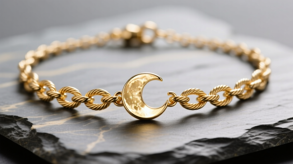 Macro shot of an 18k gold vermeil Maniamania necklace with a moon pendant on slate, focusing on delicate cable chain links.